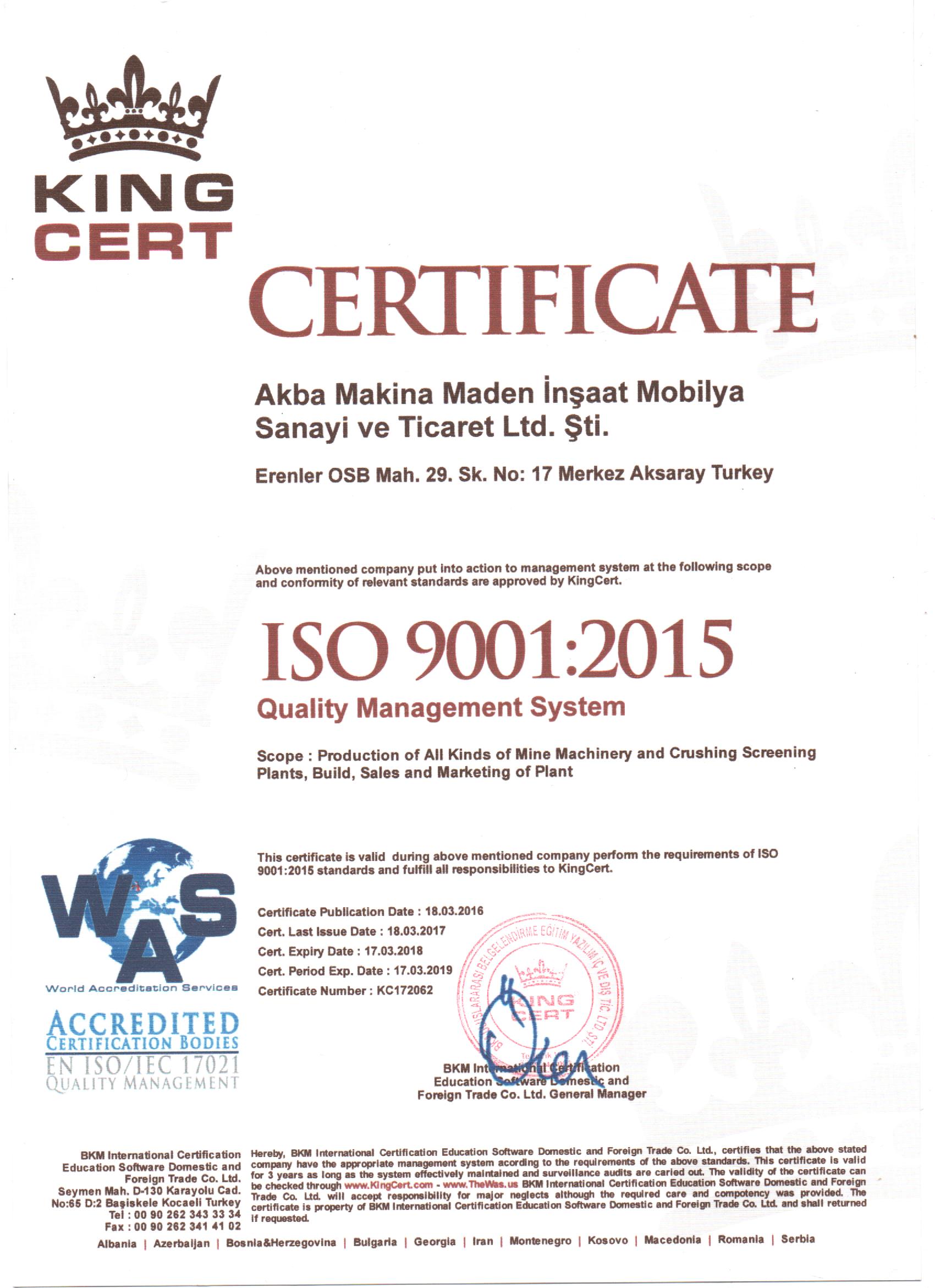 ISO 9001 Kalite Belgesi